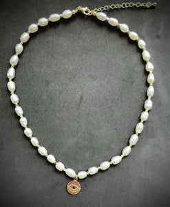 Freshwater pearl evil eye necklace