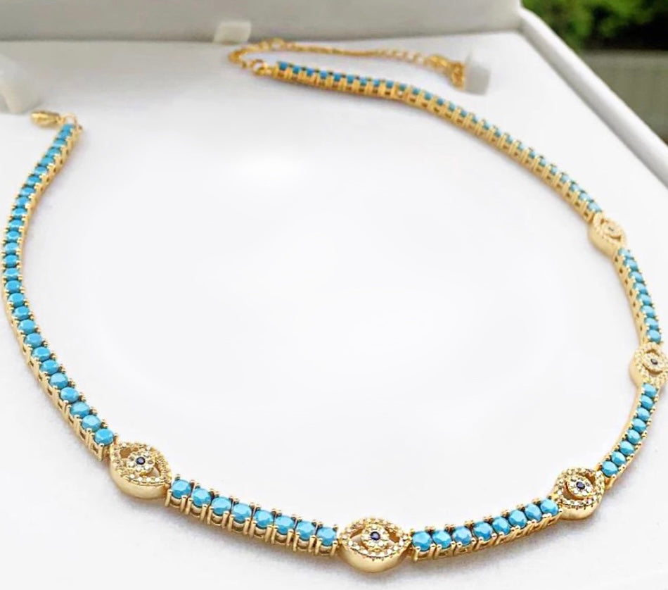 Turquoise evil eye tennis necklace